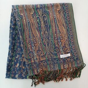 Cashmere Scarf Unisex Blue Paisley 100% Cashmere Fringe Boho Vintage Style